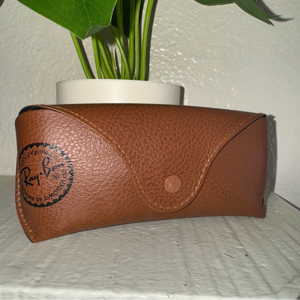 Ray-Ban Brown Leather Glasses Case Button Front Closure Velvet Interior - Used